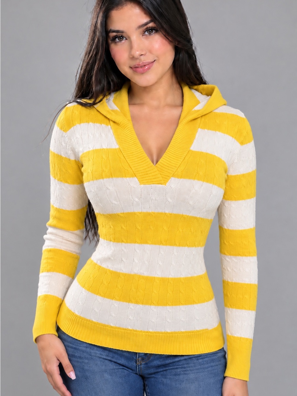 Old Navy Yellow and White Striped V-Neck Hoodie Sweater